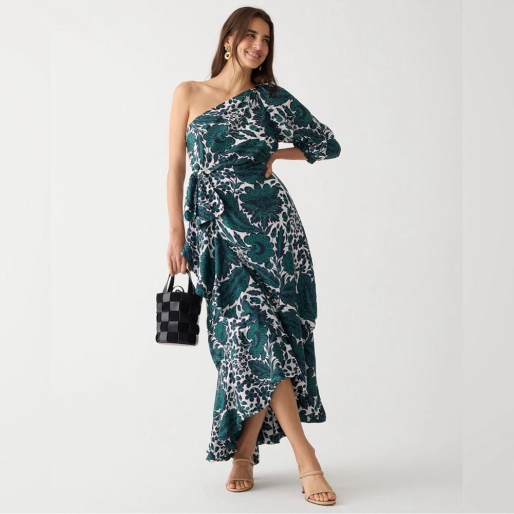J. Crew Collection One-Shoulder ruffle-hem dress in emerald floral 4